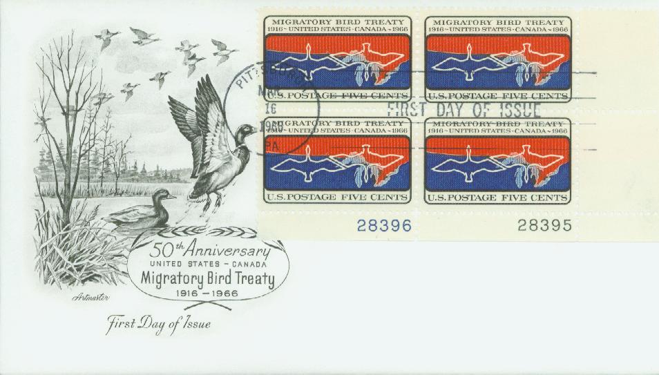 1966 5¢ Migratory Bird Treaty Plate Block First Day Cover
