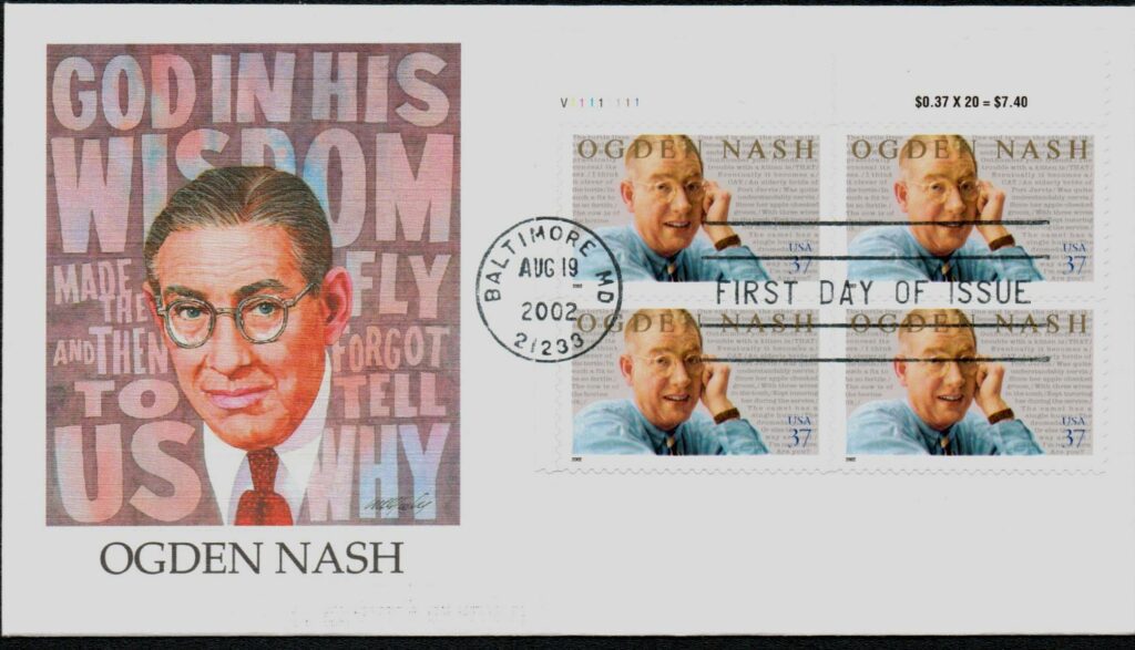 2002 37¢ Ogden Nash Fleetwood Plate Block First Day Cover