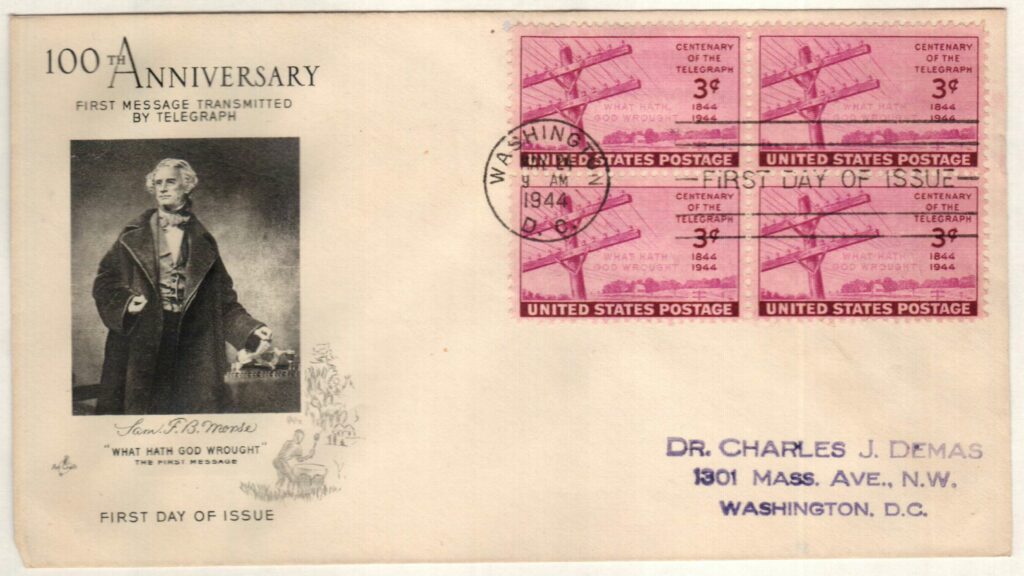 1944 3¢ Centenary of the Telegraph Classic First Day Cover