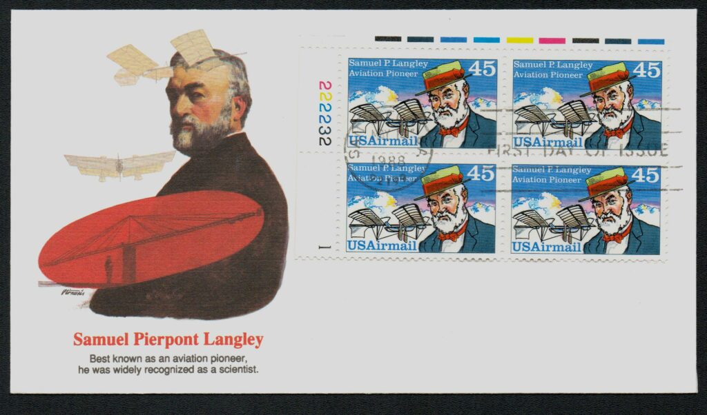 1988 45¢ Samuel Langley Fleetwood Plate Block First Day Cover 