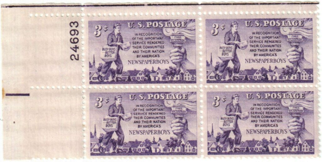 1952 3¢ Newspaper Boys Mint Plate Block