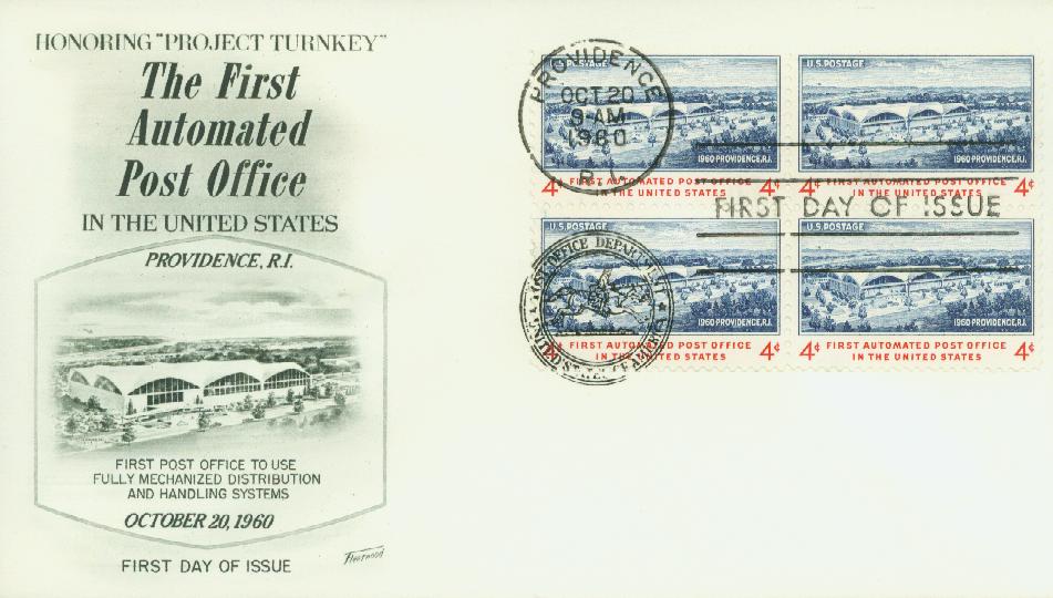 # 1164 - 1960 4c First Automated Post Office Fleetwood Plate Block First Day Cover