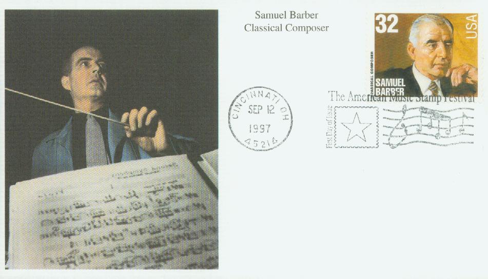 # 3162 - 1997 32c Conductors and Composers: Samuel Barber, Composer Mystic First Day Cover
