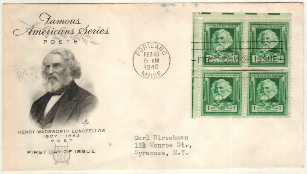 1940 Famous Americans: 1¢ Henry Wadsworth Longfellow Classic First Day Cover
