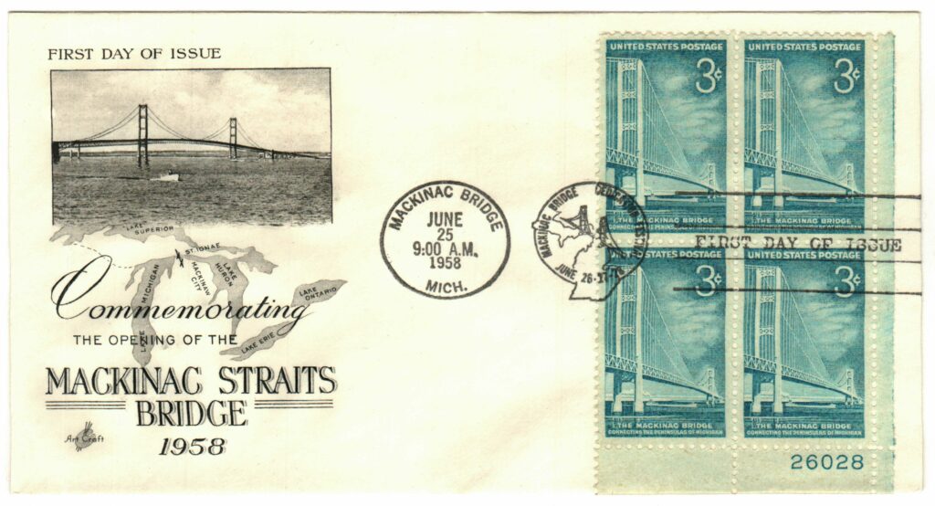 # 1109 - 1958 3¢ Mackinac Bridge Plate Block First Day Cover