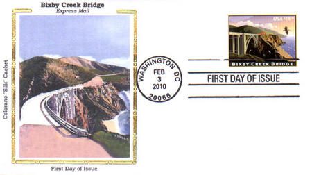 # 4439 - 2010 $18.30 Bixby Creek Bridge, Express Mail Colorano Silk Cachet First Day Cover