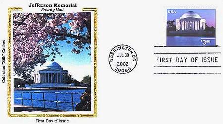 2002 $3.85 Jefferson Memorial, Priority Mail Colorano Silk Cachet First Day Cover