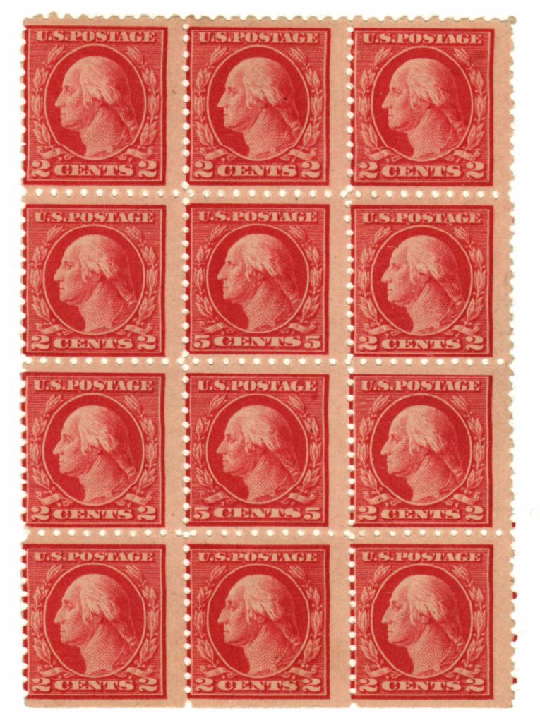 # 467 - 1916 5c Washington Error, carmine, perf 10 Mint Double Block of 12