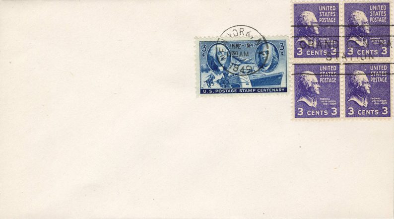 1938 #807 Jefferson, Perforated Counterfeit Cover with Block of 4 Stamps