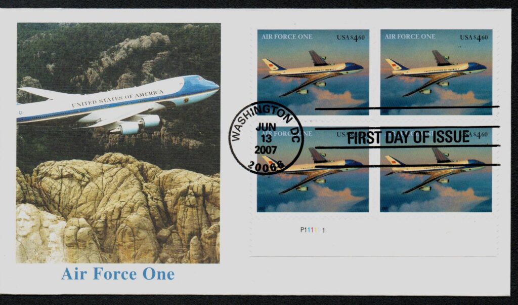 # 4144 - 2007 $4.60 Air Force One, Priority Mail Fleetwood Plate Block First Day Cover