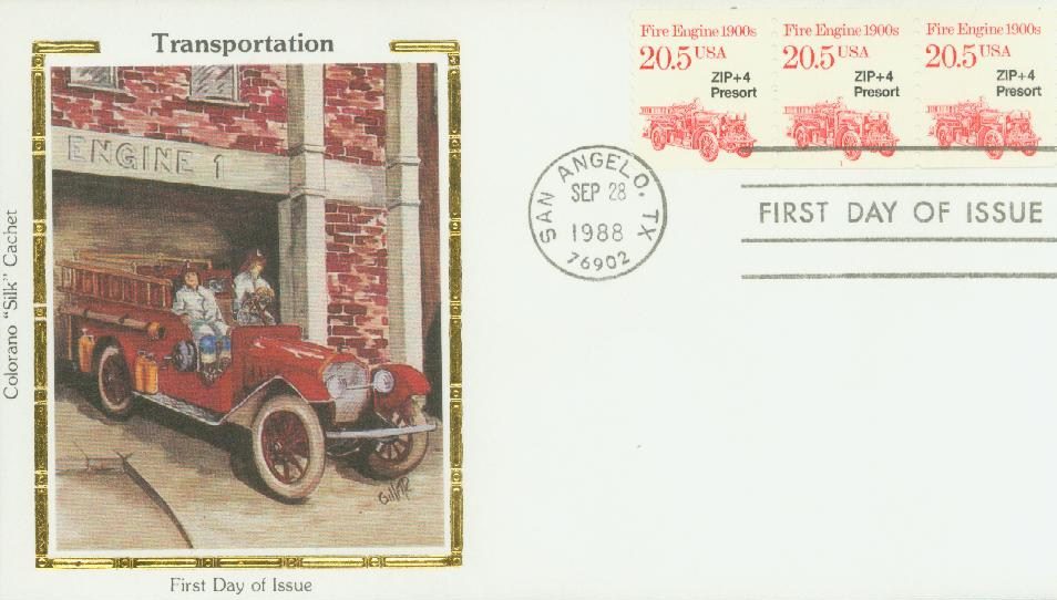 # 2264 - 1988 20.5c Fire Engine, 1900s Colorano Silk Cachet First Day Cover