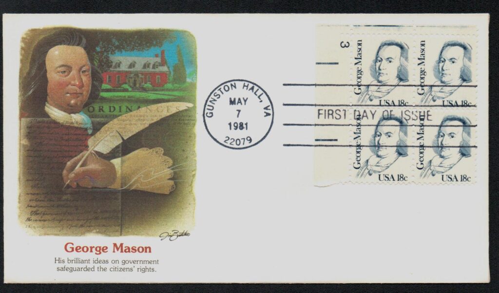 # 1858 - 1981 18c Great Americans: George Mason Fleetwood Plate Block First Day Cover