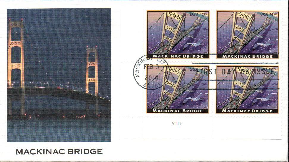 # 4438 - 2010 $4.90 Mackinac Bridge, Priority Mail Fleetwood Plate Block First Day Cover