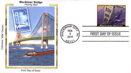 # 4438 - 2010 $4.90 Mackinac Bridge, Priority Mail Colorano Silk Cachet First Day Cover