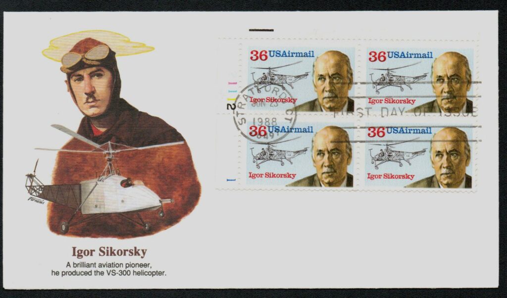 1988 36c Igor Sikorsky Airmail Fleetwood Plate Block First Day Cover