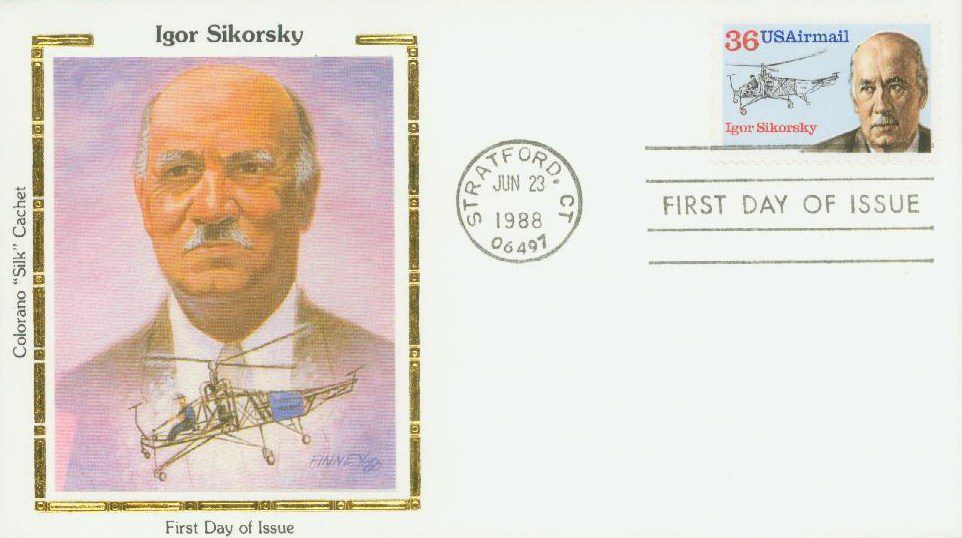 1988 36c Igor Sikorsky Airmail Colorano Silk Cachet First Day Cover