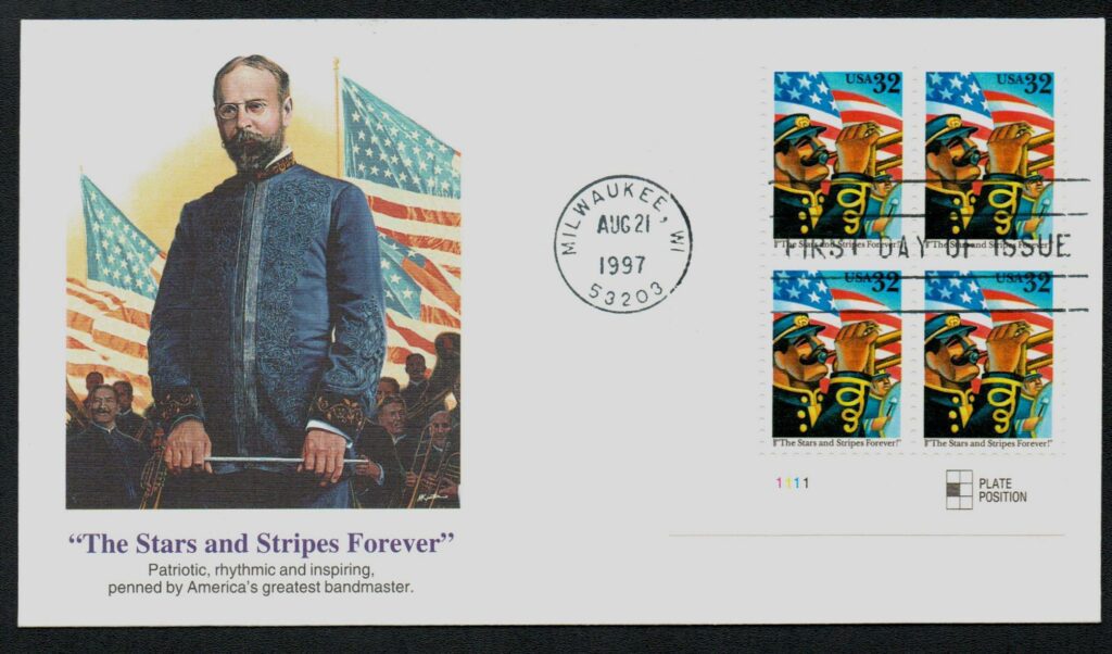 # 3153 - 1997 32c The Stars and Stripes Forever! Fleetwood Plate Block First Day Cover