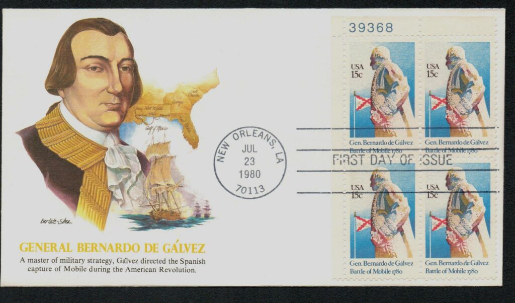 1980 15¢ General Bernardo de Galvez Fleetwood Plate Block First Day Cover