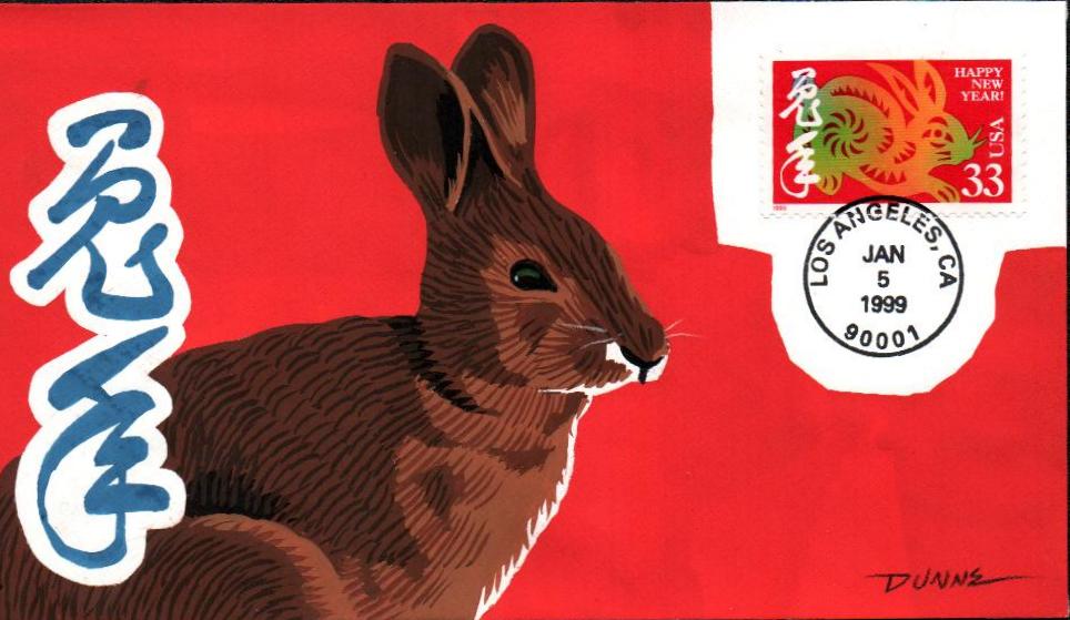 # 3272 - 1999 33c Chinese Lunar New Year - Year of the Hare Hand Painted First Day Cover