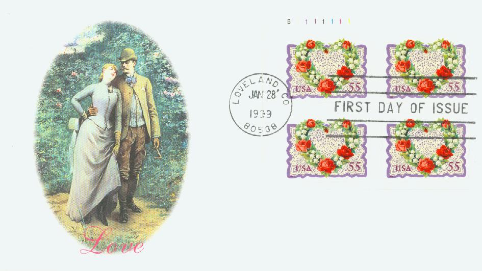 1999 55¢ Victorian Flower Heart and Lace Fleetwood Plate Block First Day Cover