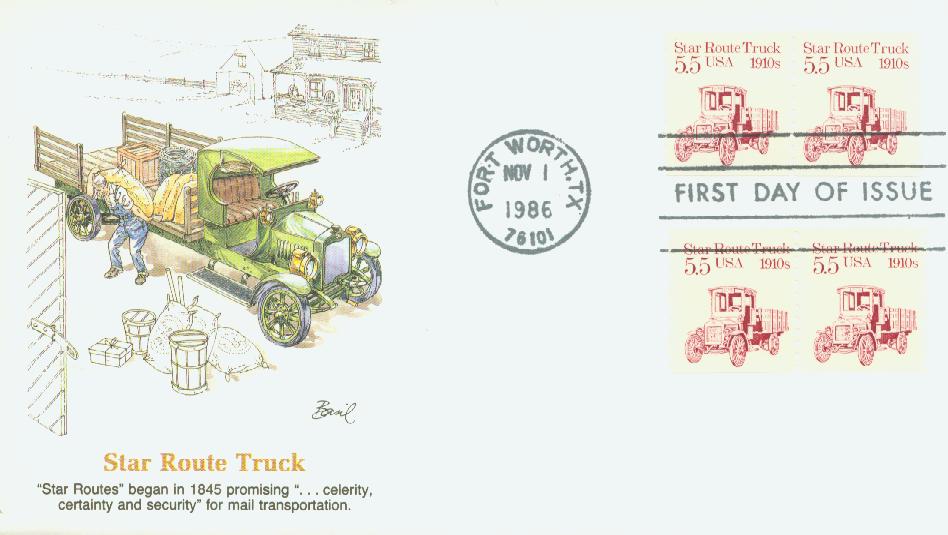 # 2125 - 1986 5.5c Transportation Series: Star Route Truck, 1910s Fleetwood First Day Cover