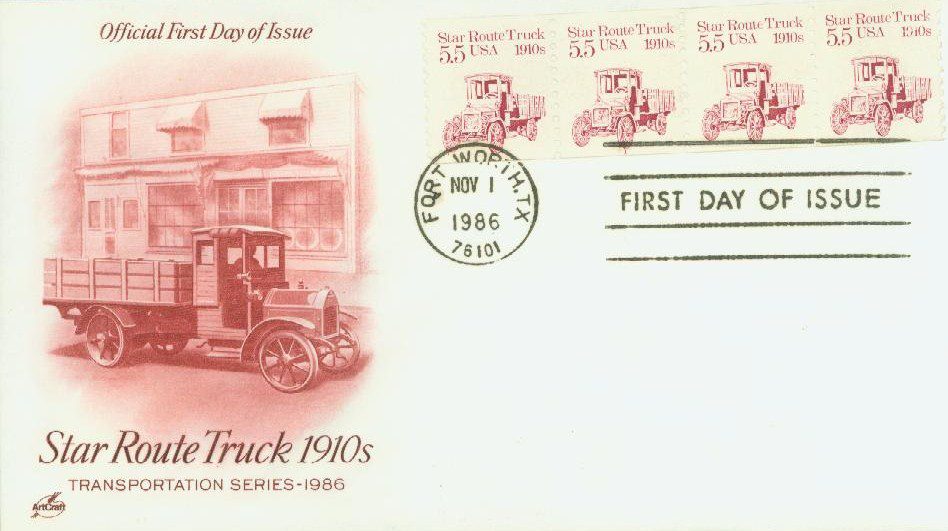 # 2125 - 1986 5.5c Transportation Series: Star Route Truck, 1910s Classic First Day Cover