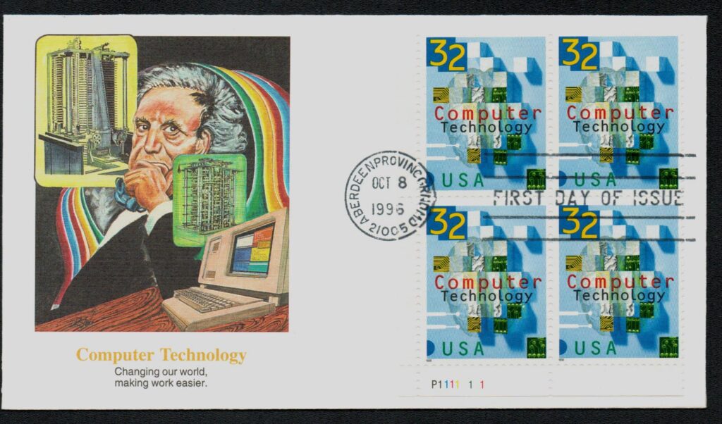 # 3106 - 1996 32c Computer Technology Fleetwood Plate Block First Day Cover