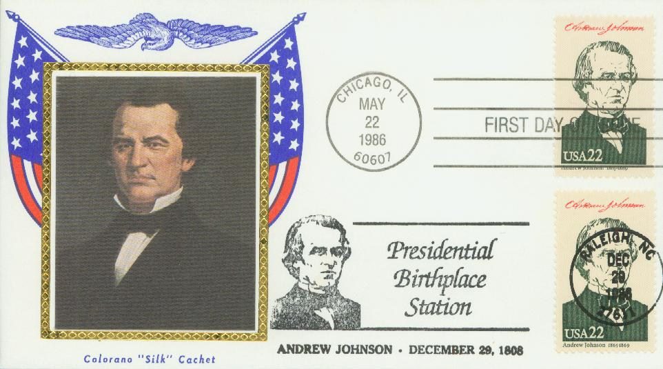 # 2217h - 1986 22c Pres. Andrew Johnson Colorano Silk Cachet First Day Cover