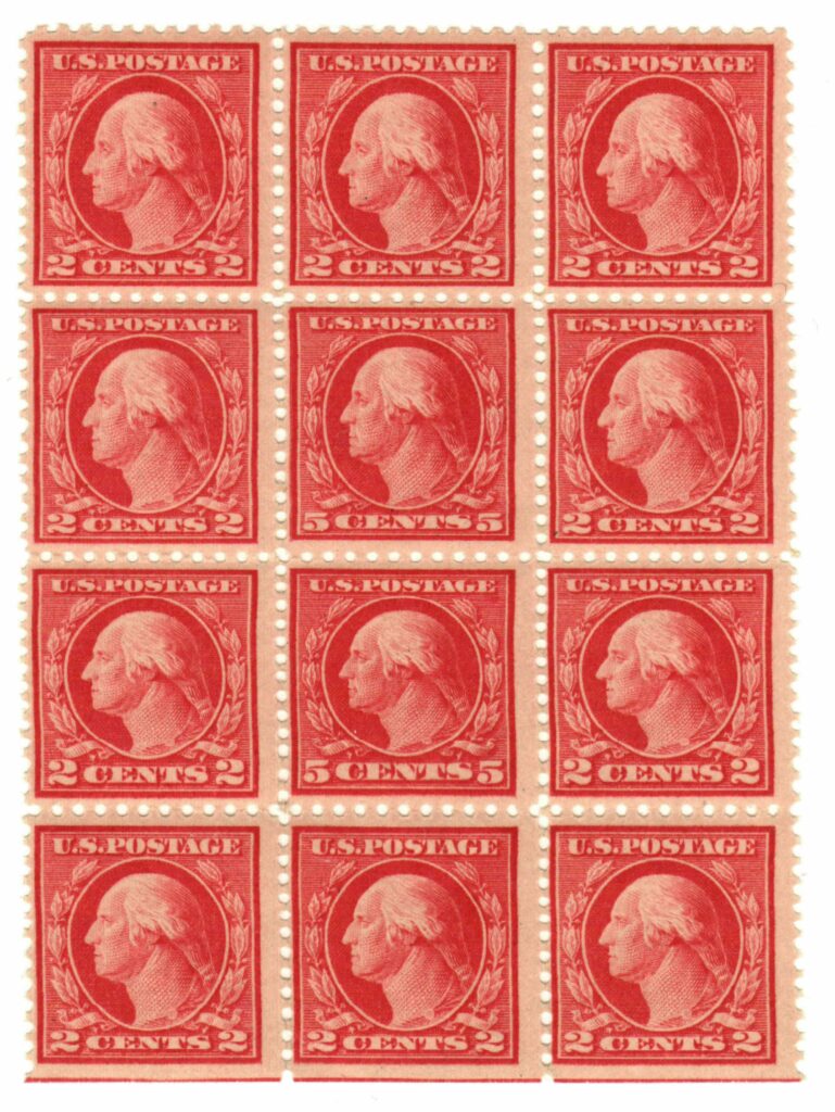 # 505 - 1917 5c Washington Error, red, perf 11 Mint Double Block of 12