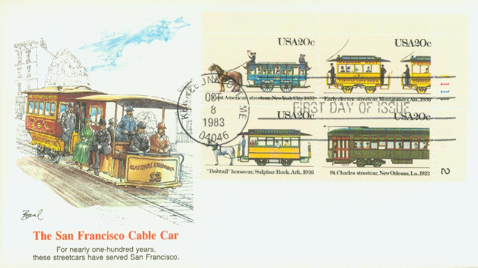 # 2059-62 - 1983 20c Street Cars Fleetwood Plate Block First Day Cover