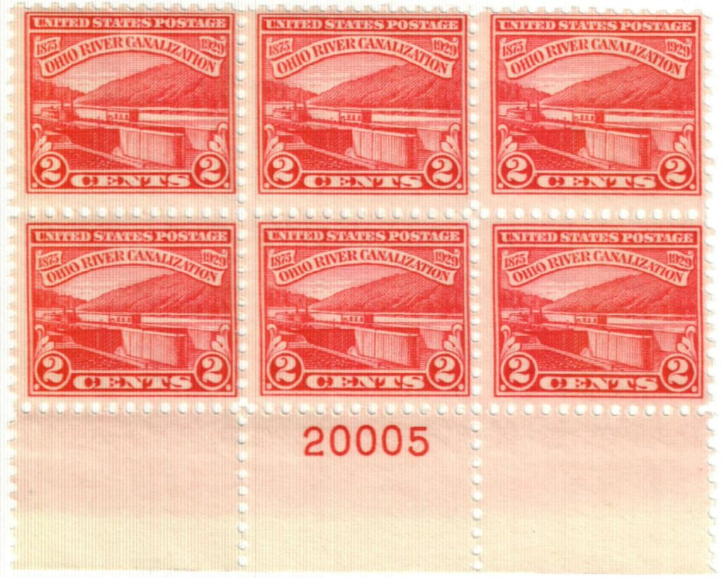 # 681 - 1929 2c Ohio River Canalization mint plate block of six