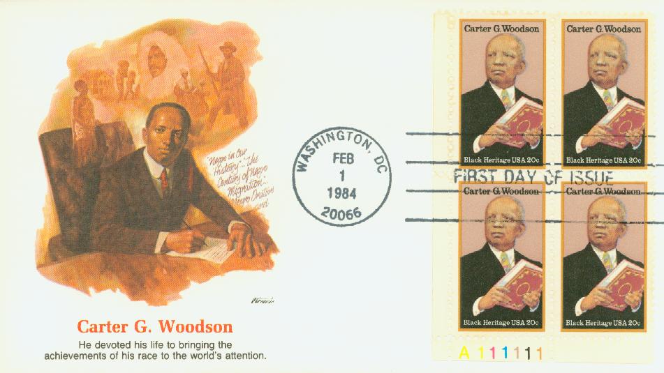 # 2073 - 1984 20c Black Heritage: Carter G. Woodson Fleetwood Plate Block First Day Cover