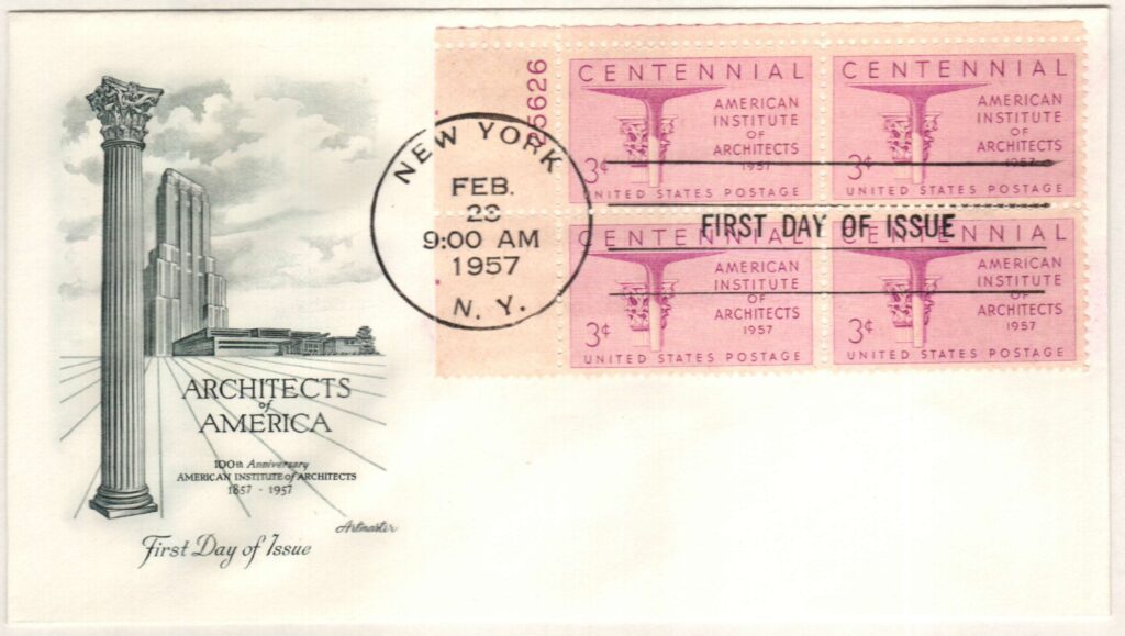 # 1089 - 1957 3¢ Architects Institute Plateblock First Day Cover