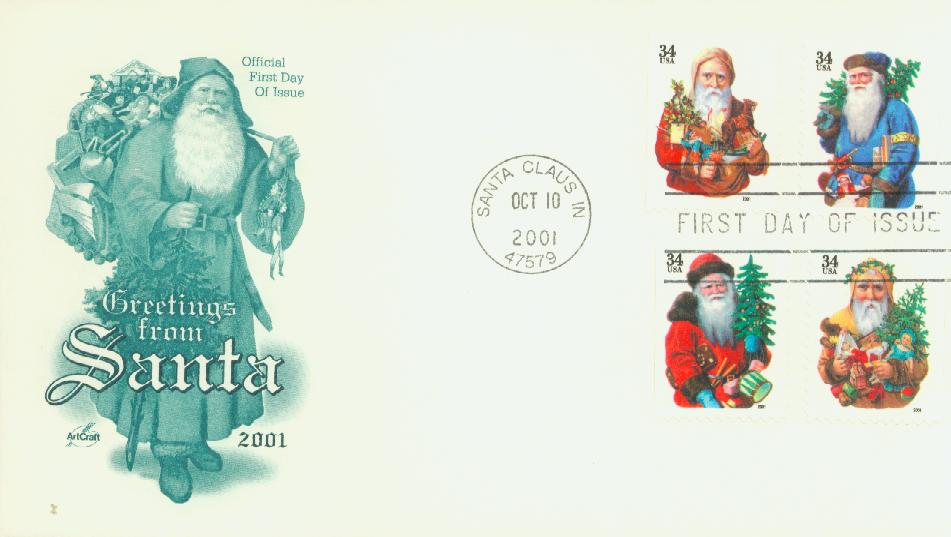 # 3541-44 - 2001 34c Contemporary Christmas: Santa's, green denomination Classic First Day Cover