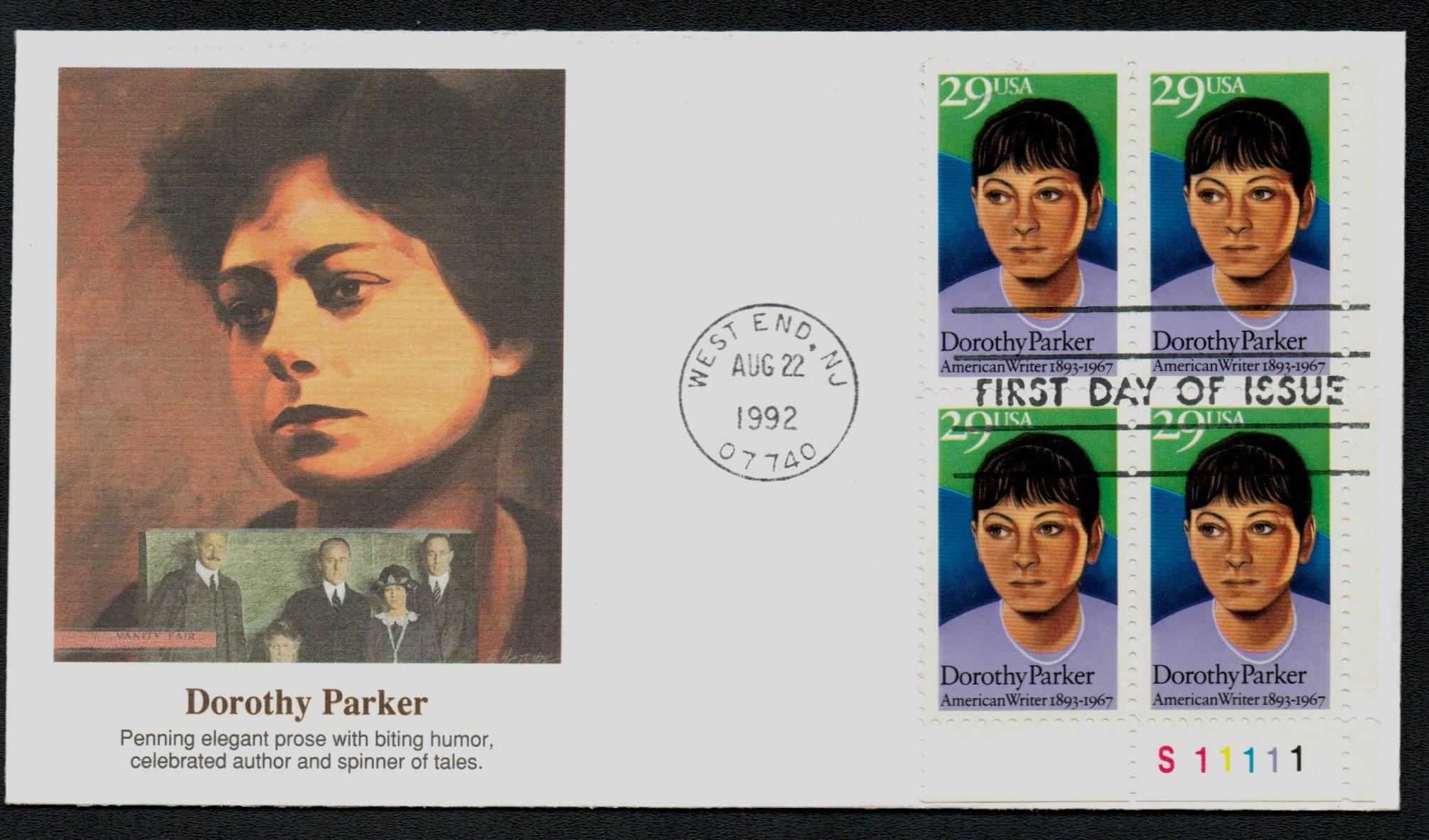 1992 29¢ Dorothy Parker Fleetwood Plate Block First Day Cover