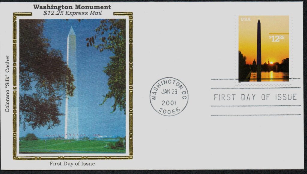 # 3473 - 2001 $12.25 Washington Monument Colorano Silk Cachet First Day Cover