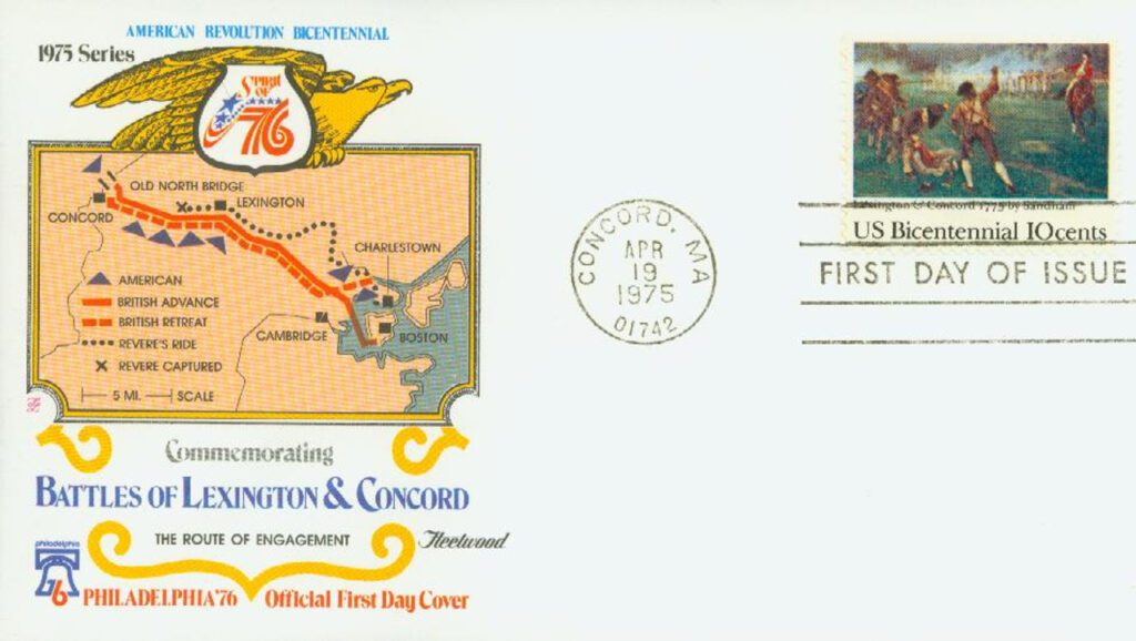 #1563 - 1975 10c Battle of Lexington and Concord Fleetwood Stamp Block First Day Cover