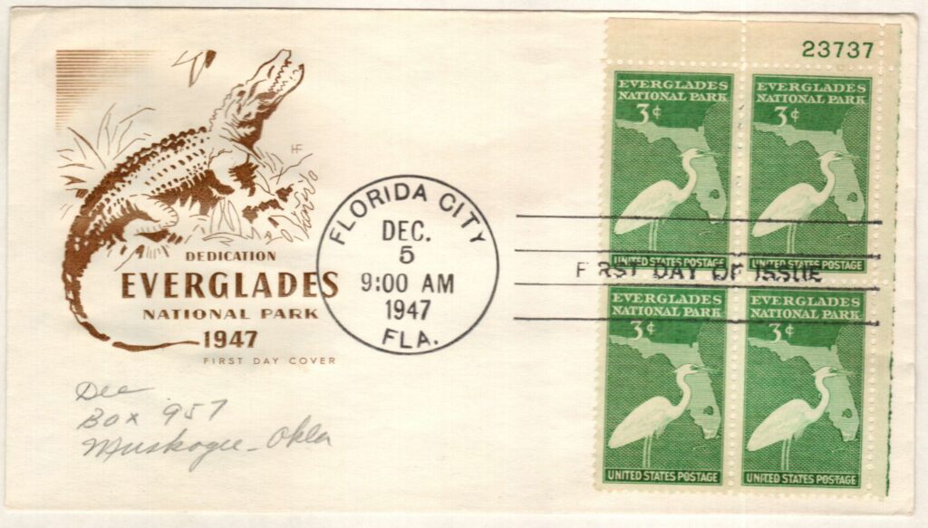 # 952 - 1947 3c Everglades National Park Plate Block First Day Cover