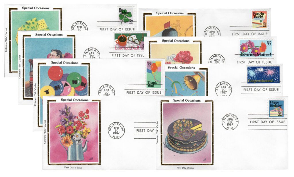 #2267-74 - 1987 22c Special Occasions Set of 8 Colorano Silk Cachet First Day Covers