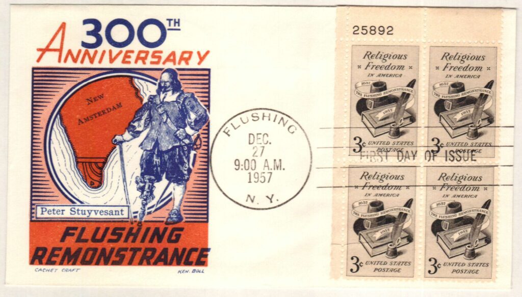# 1099 - 1957 3¢ Religious Freedom Plate Block First Day Cover