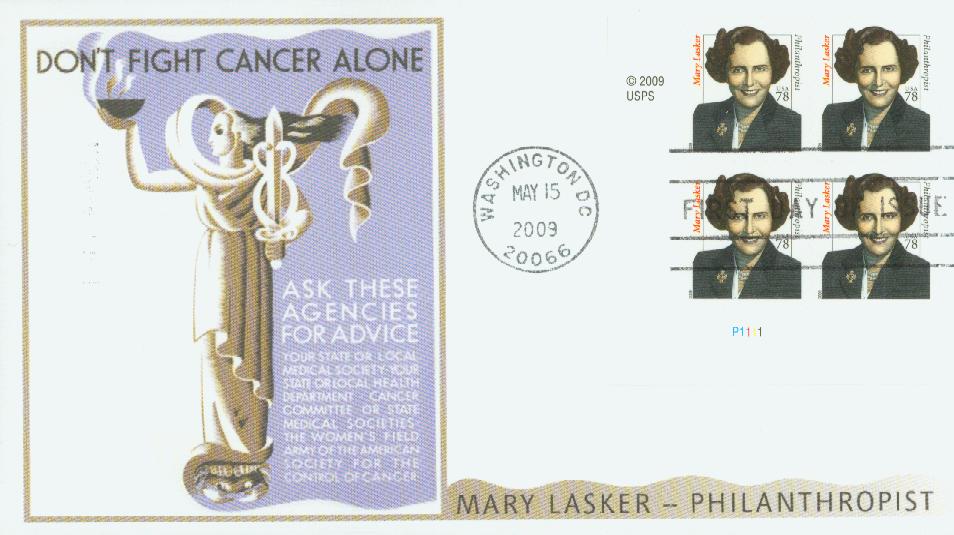 # 3432B - 2009 78c Mary Lasker Fleetwood Plate Block First Day Cover