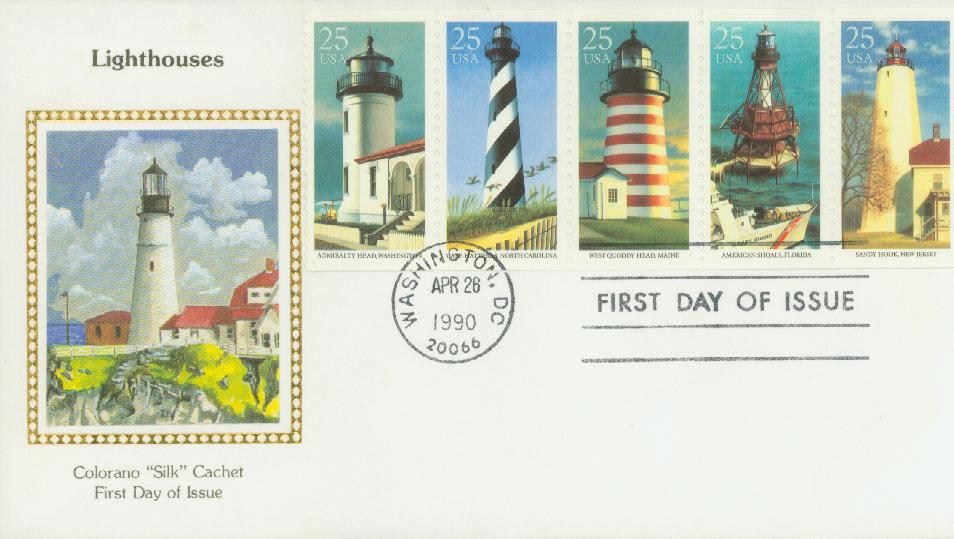 1990 25¢ East Coast Lighthouses Colorano Silk Cachet First Day Cover