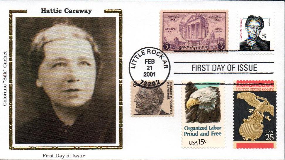 # 3431 - 2001 76c Hattie Caraway, Die cut 11 Colorano Silk Cachet Combination First Day Cover