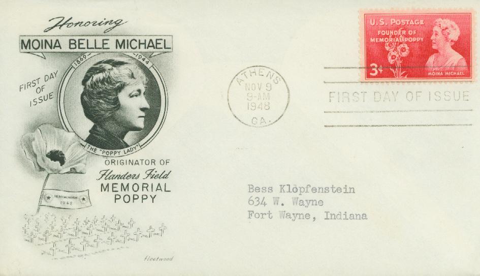 # 977 - 1948 3c Moina Michael Fleetwood First Day Cover