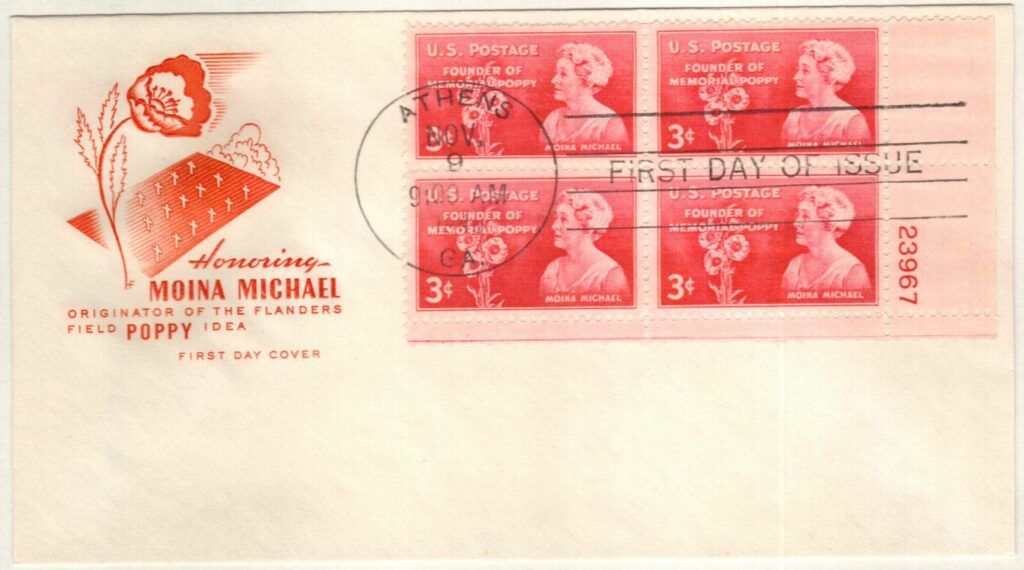 # 977 - 1948 3c Moina Michael Plate Block First Day Cover