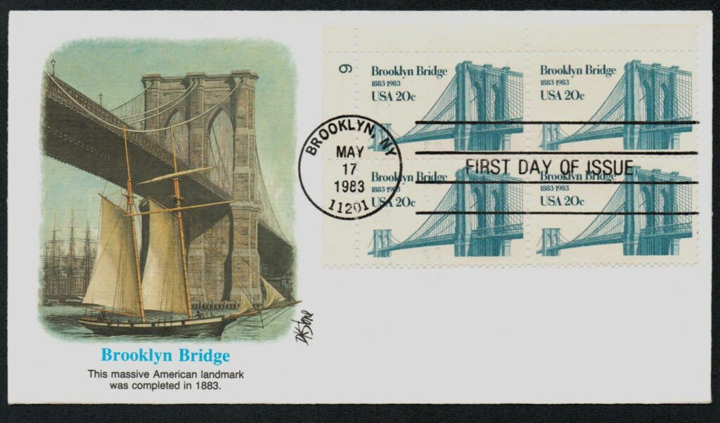 1983 20¢ Brooklyn Bridge Fleetwood Plate Block First Day Cover