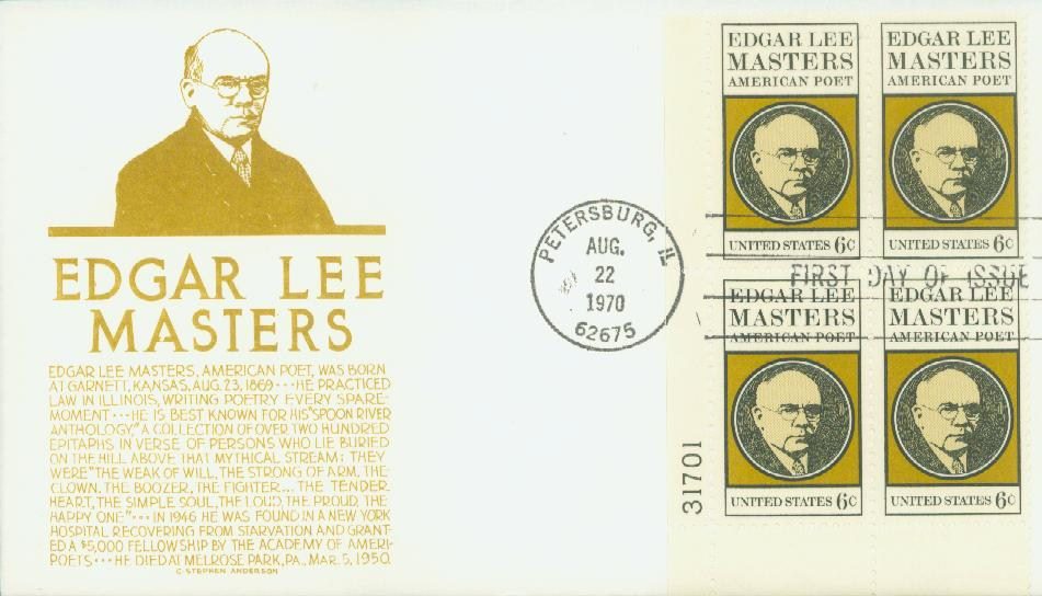 1970 6¢ Edgar Lee Masters  Plate Block First Day Cover