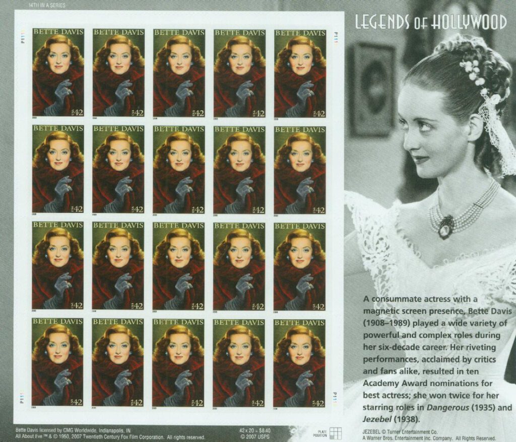 #4350 - 2008 42c Legends of Hollywood: Bette Davis mint stamp sheet 