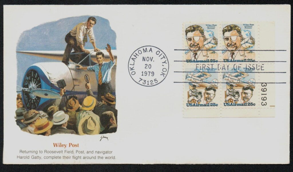 # C95-96 - 1979 25c Wiley Post Fleetwood Plate Block First Day Cover