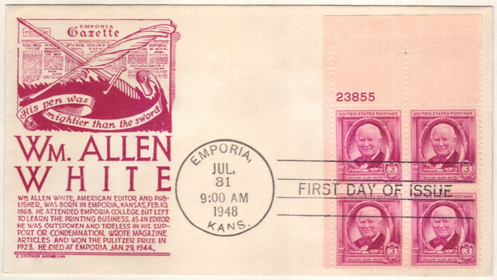 # 960 - 1948 3c William Allen White Plate Block First Day Cover